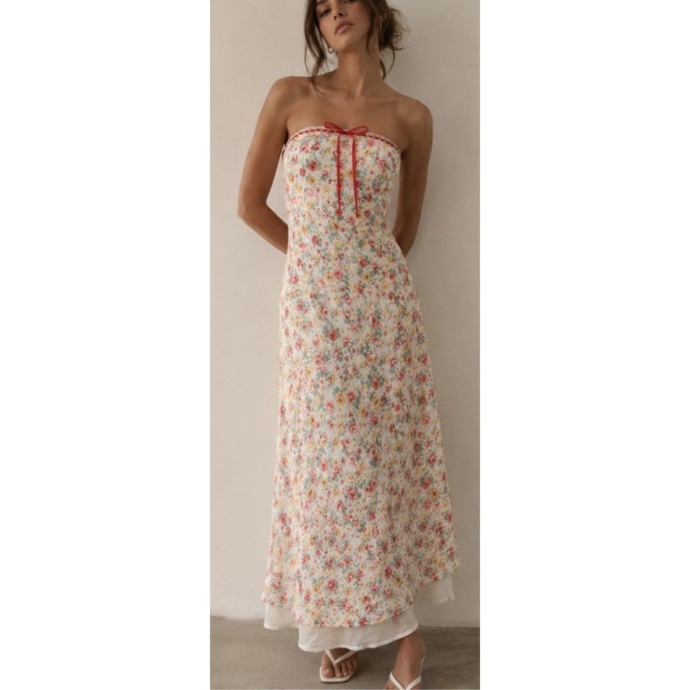 Jessica Simpson White Floral Strapless Silky Slip Maxi Dress Red Bow Tie L NWOT